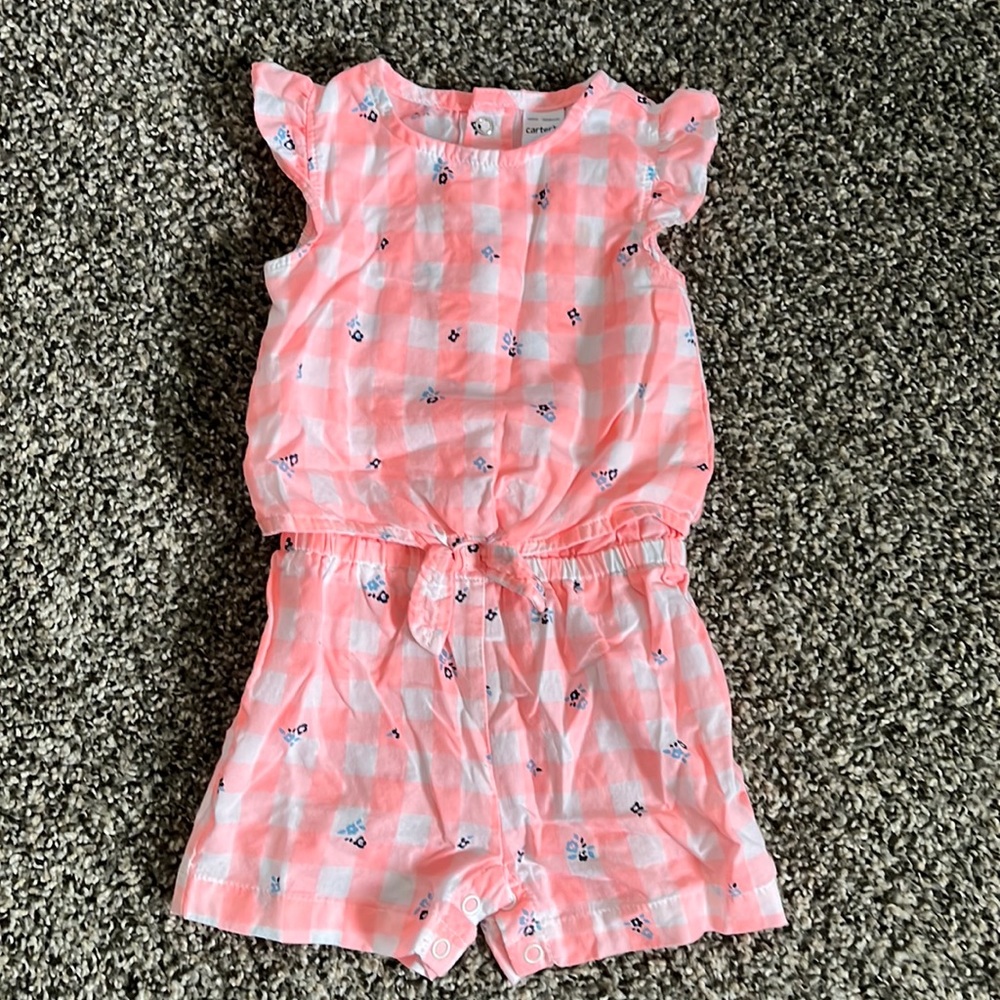 LIKE NEW Carter’s romper bright pink with blue flowers 12 month